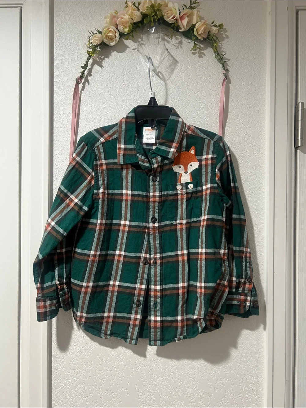 Gymboree Boys Plaid Embroidered Fox Flannel Fox Button-Up Shirt